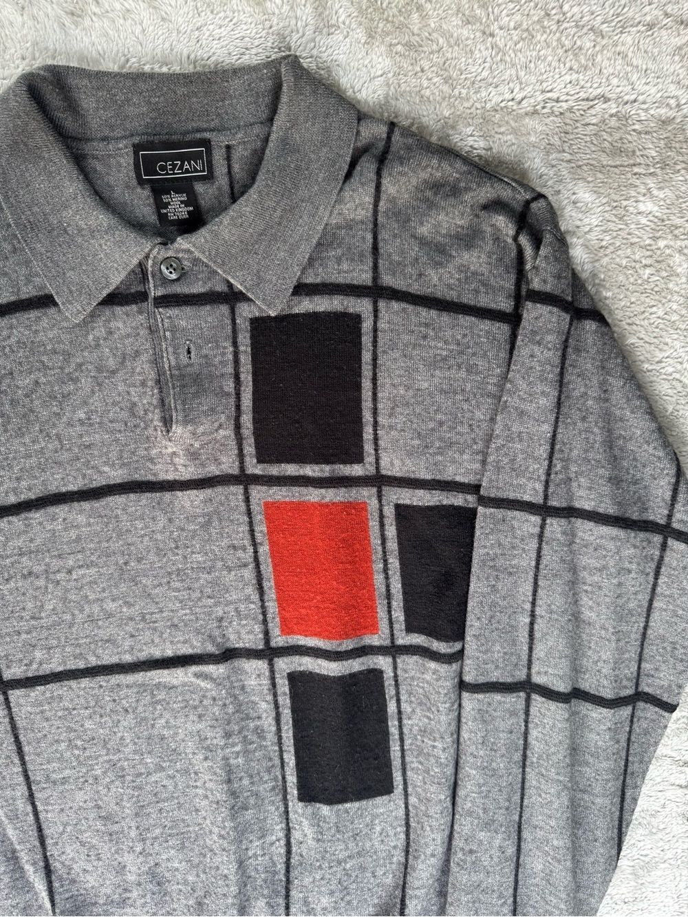 Cezani Men's Size L Vintage Geometric Grid Knit Polo Sweater Merino Wool Retro